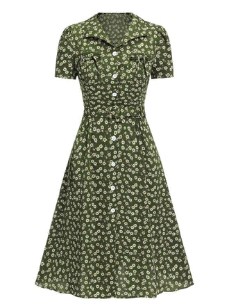 Grün 1940er Revers Blümchen Kleid mit Knöpfen