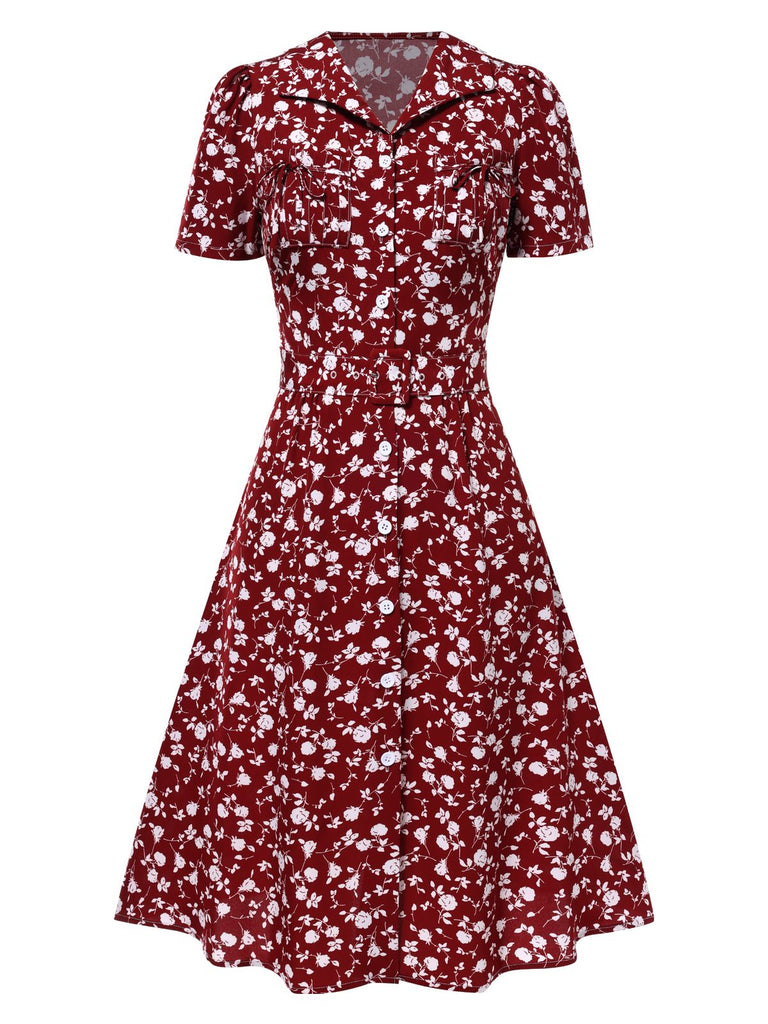 [Vorverkauf] Rot 1950er Revers Knöpfen Blümchen Kleid