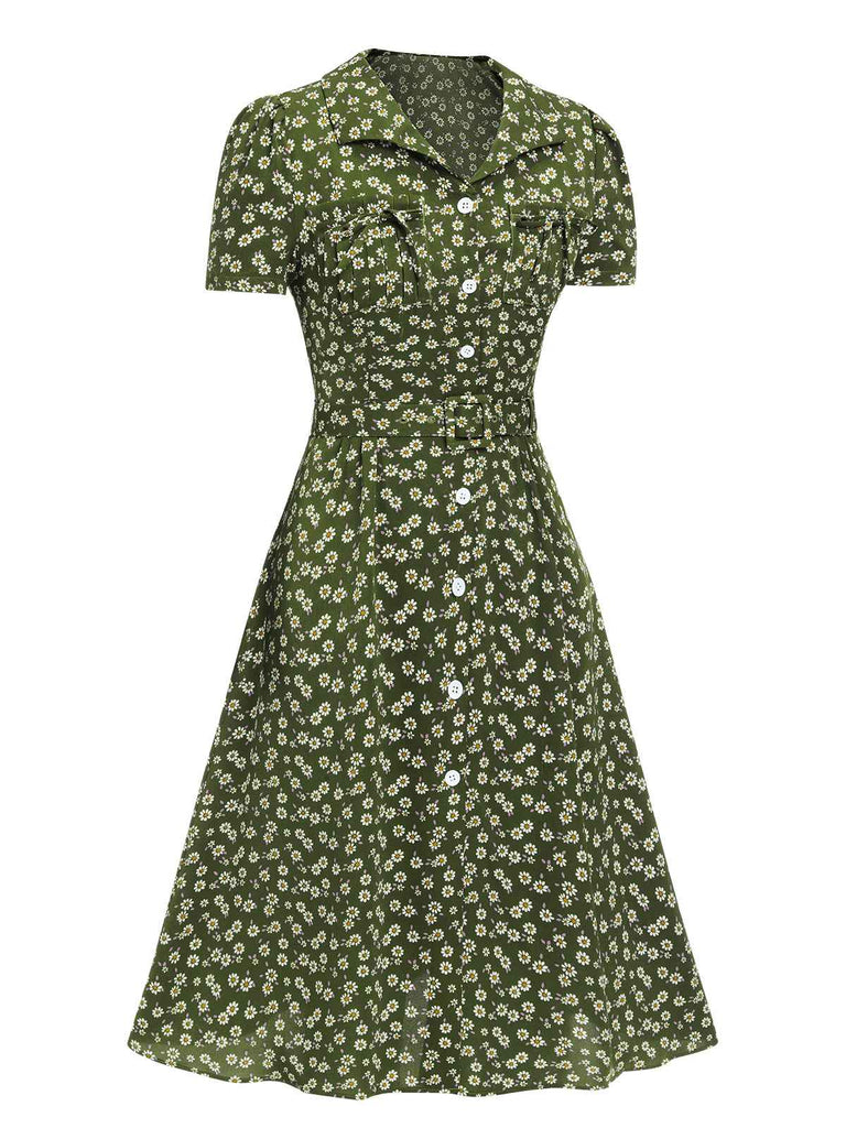 [Vorverkauf] Grün 1950er Revers Blümchen Kleid mit Knöpfen
