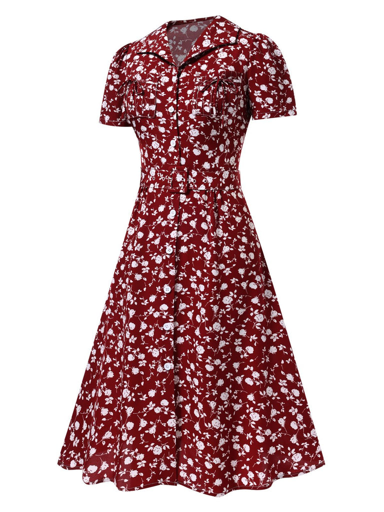 [Vorverkauf] Rot 1950er Revers Knöpfen Blümchen Kleid