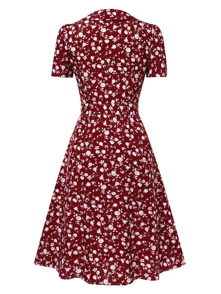 [Vorverkauf] Rot 1950er Revers Knöpfen Blümchen Kleid