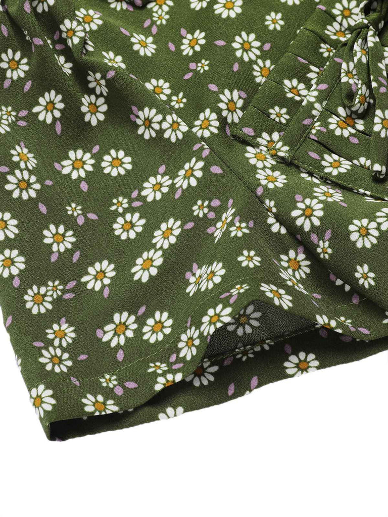 [Übergröße] Grün 1940er Revers Tasten Kleine Blumen Kleid
