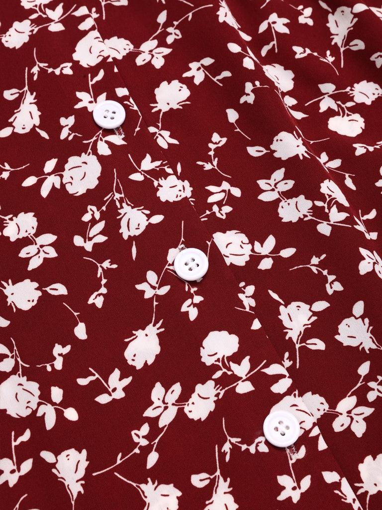 [Vorverkauf] Rot 1950er Revers Knöpfen Blümchen Kleid