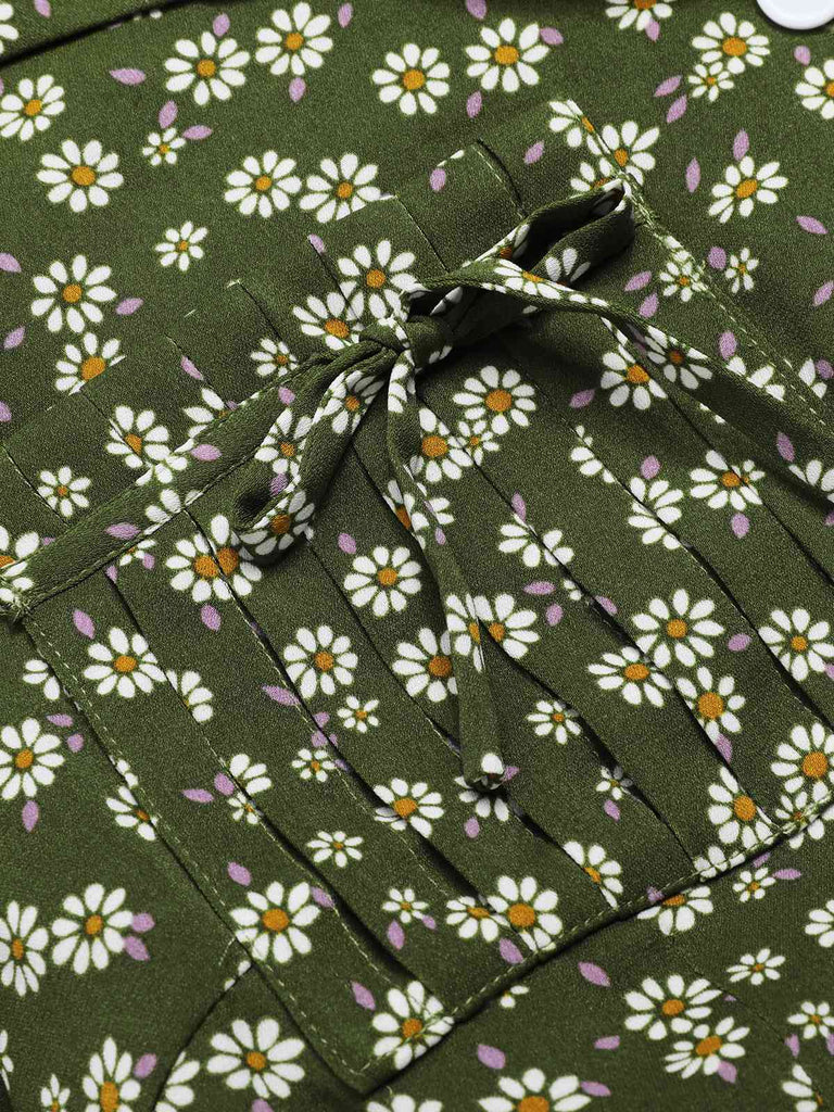 [Übergröße] Grün 1940er Revers Tasten Kleine Blumen Kleid