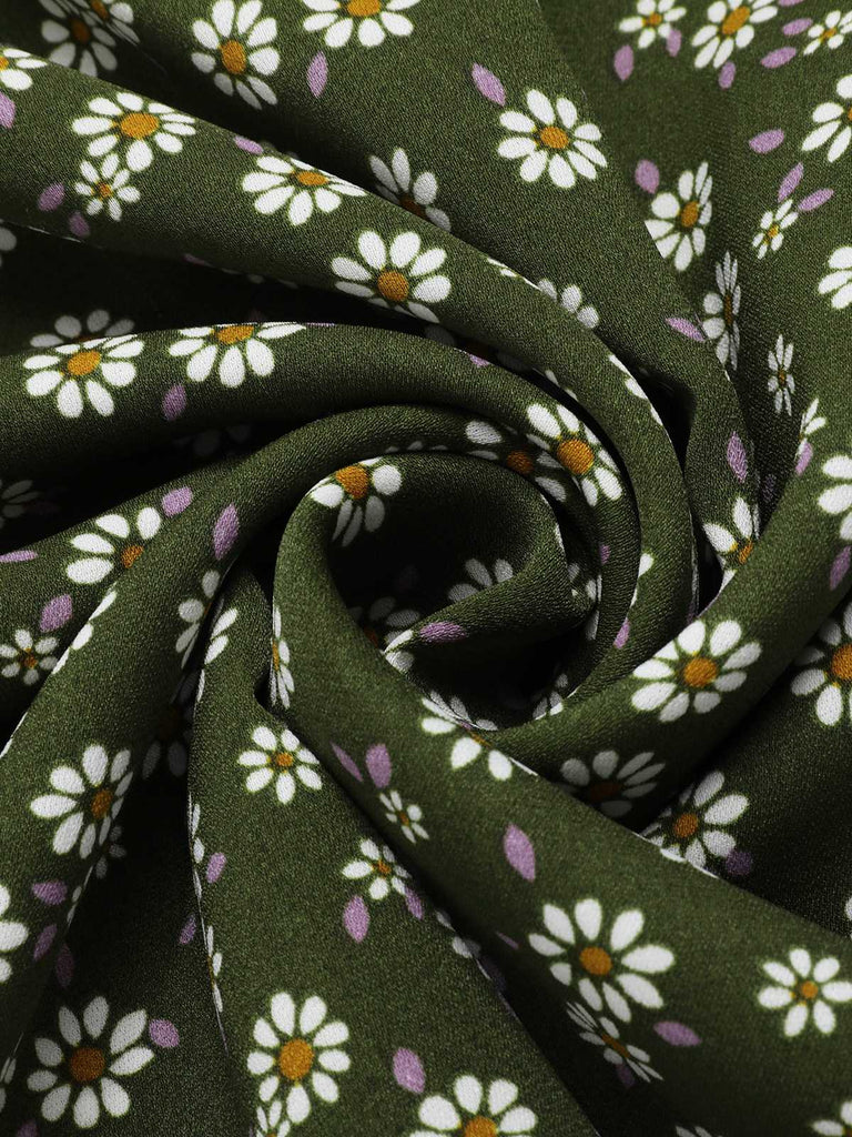 [Übergröße] Grün 1940er Revers Tasten Kleine Blumen Kleid