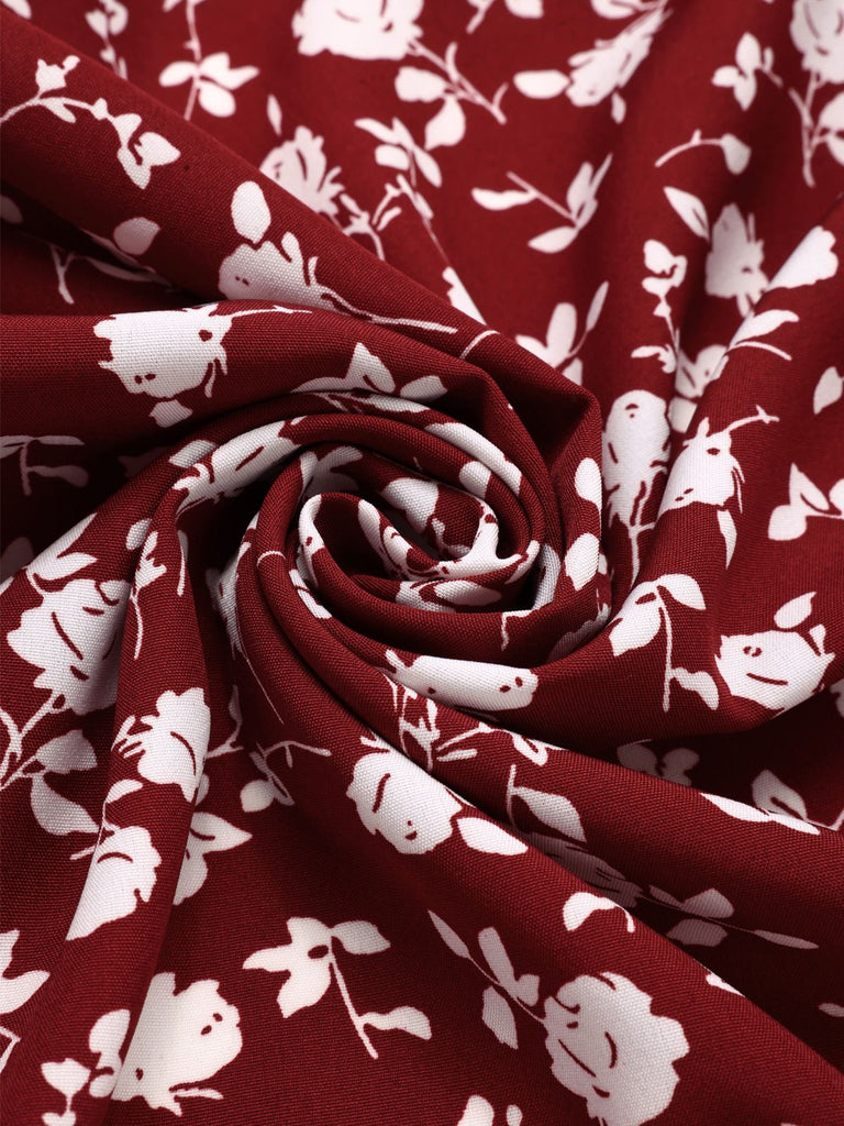 [Vorverkauf] Rot 1950er Revers Knöpfen Blümchen Kleid
