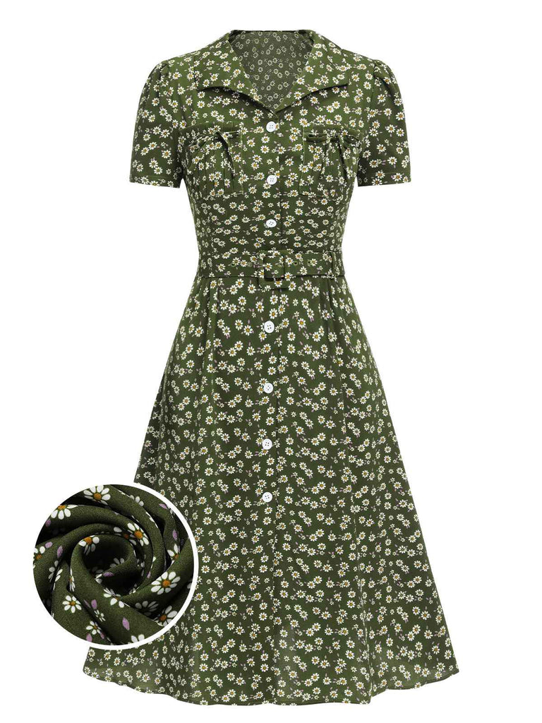 [Vorverkauf] Grün 1950er Revers Blümchen Kleid mit Knöpfen