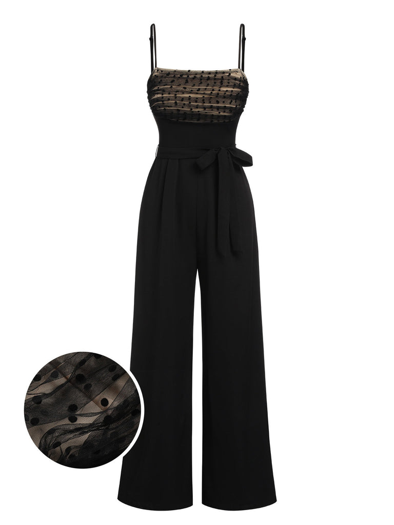 [Vorverkauf] Schwarz 1930er Tupfen Masche Spaghetti Träger Jumpsuit