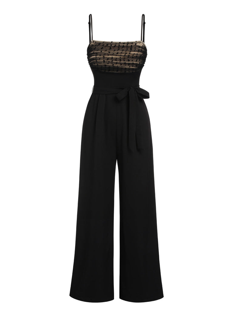 [Vorverkauf] Schwarz 1930er Tupfen Masche Spaghetti Träger Jumpsuit