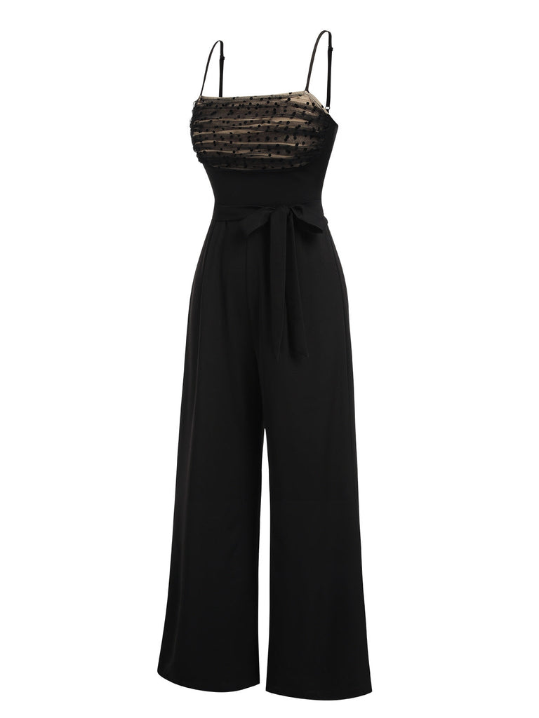 [Vorverkauf] Schwarz 1930er Tupfen Masche Spaghetti Träger Jumpsuit