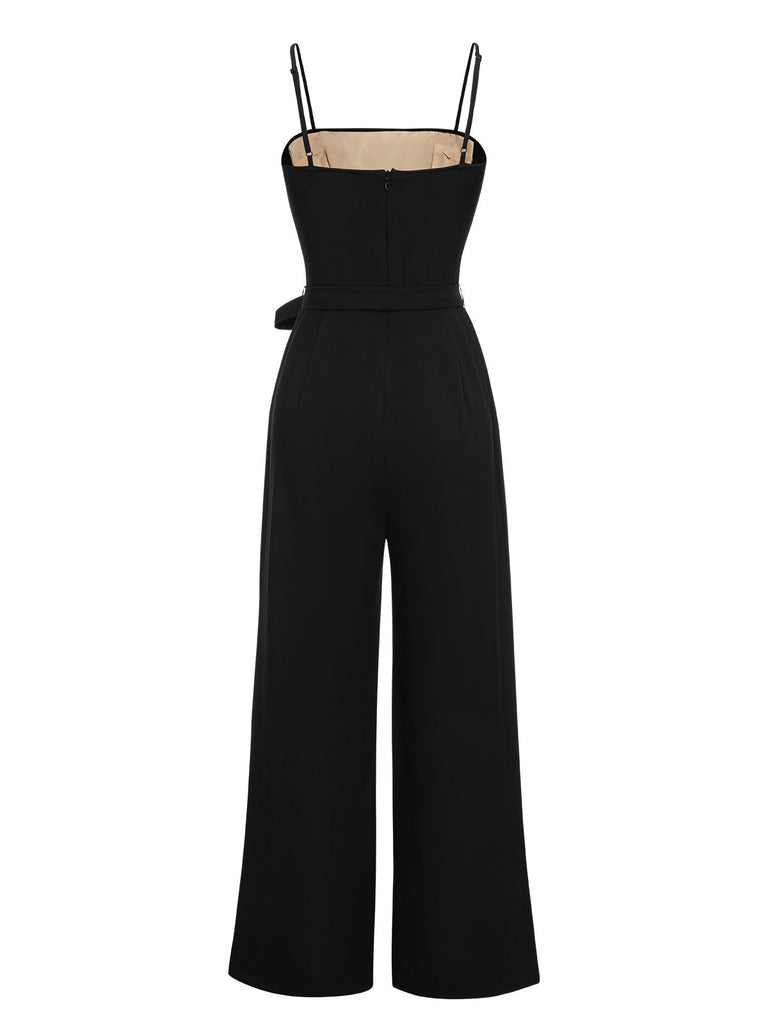 [Vorverkauf] Schwarz 1930er Tupfen Masche Spaghetti Träger Jumpsuit