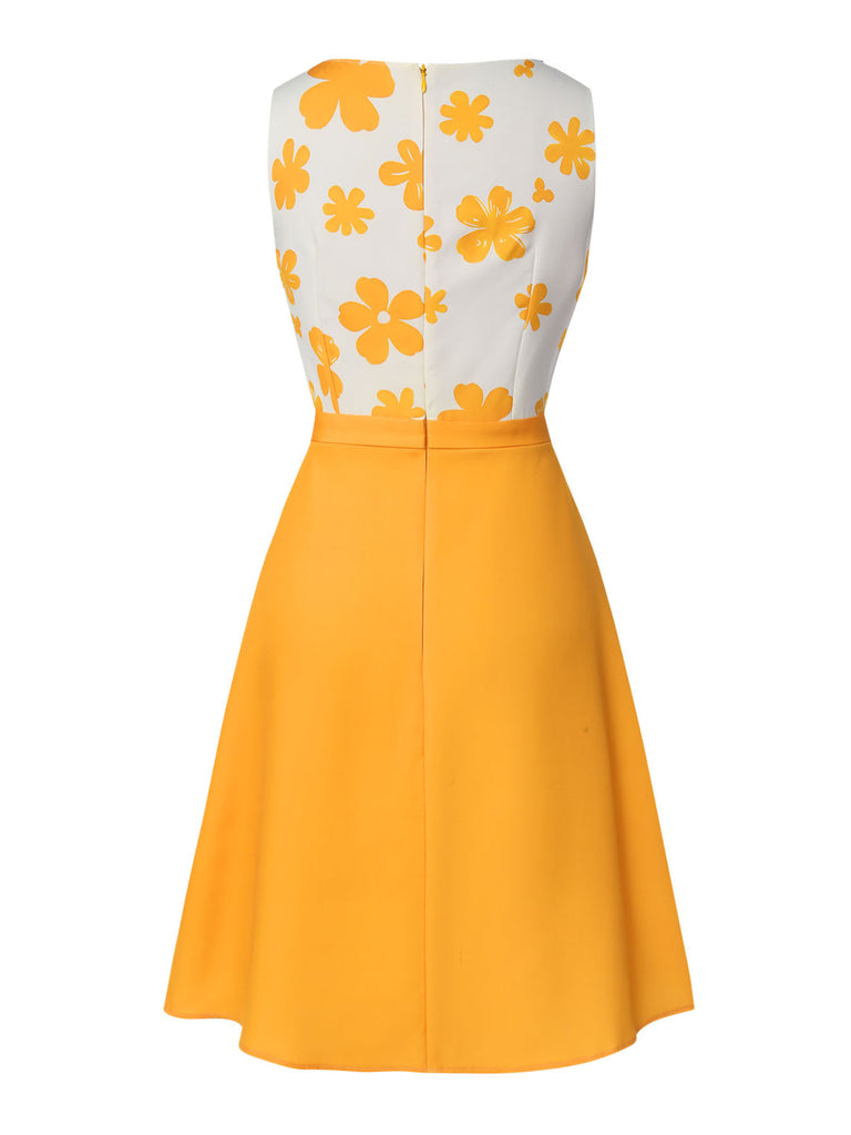 [Vorverkauf] Gelb 1960er Blumen Bogen Ärmellos Kleid