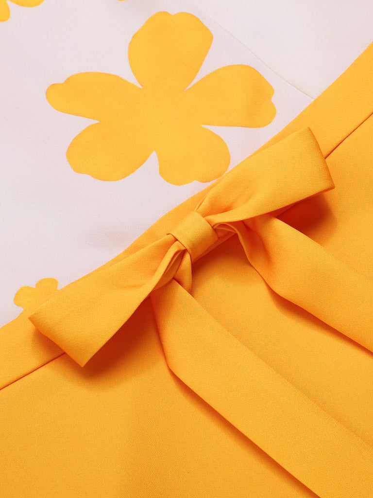 [Vorverkauf] Gelb 1960er Blumen Bogen Ärmellos Kleid