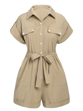 Khaki 1950er Gerollte Manschetten Revers Romper