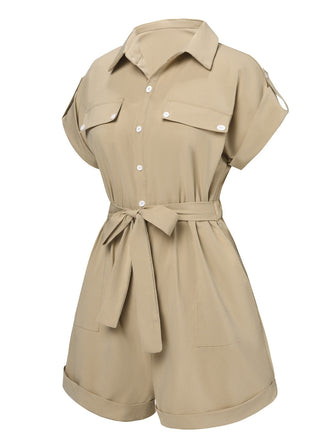 Khaki 1950er Gerollte Manschetten Revers Romper