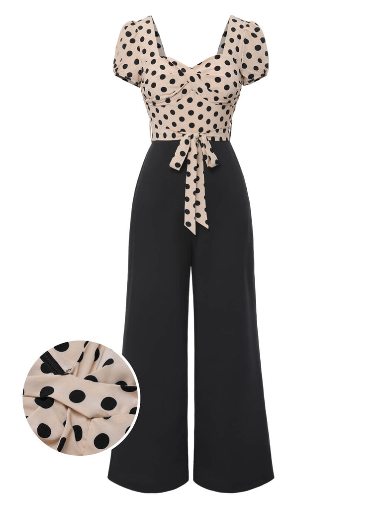 Beige 1930er Tupfen Herzförmiger Hals Patchwork Jumpsuit