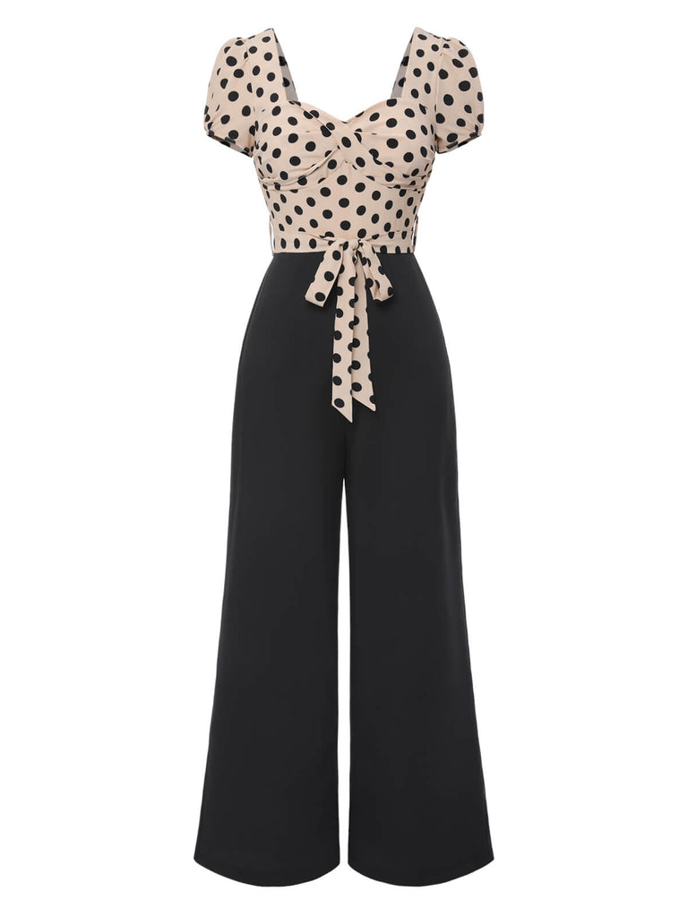 Beige 1930er Tupfen Herzförmiger Hals Patchwork Jumpsuit