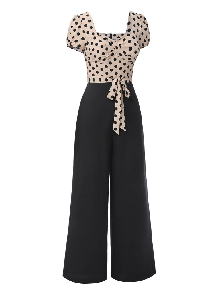 Beige 1930er Tupfen Herzförmiger Hals Patchwork Jumpsuit