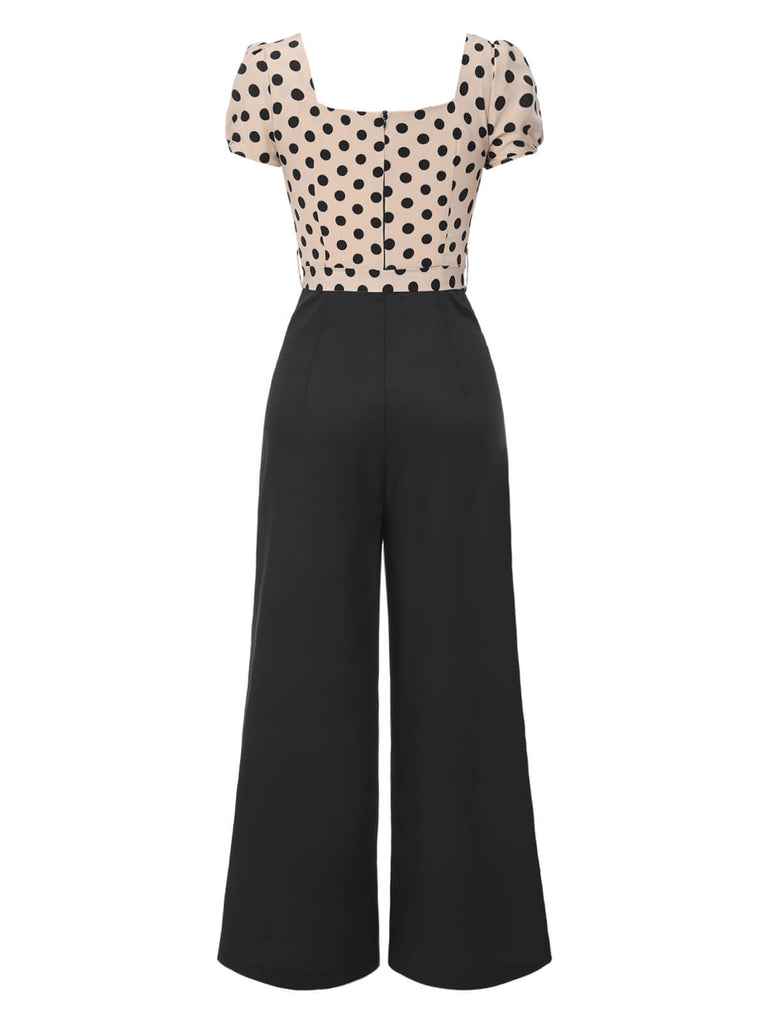Beige 1930er Tupfen Herzförmiger Hals Patchwork Jumpsuit