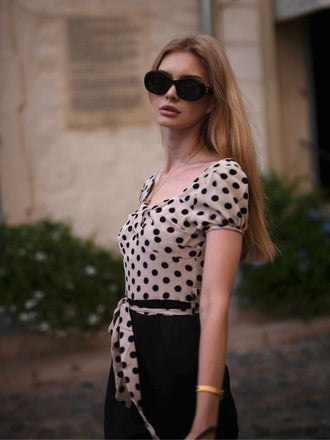 Beige 1930er Tupfen Herzförmiger Hals Patchwork Jumpsuit