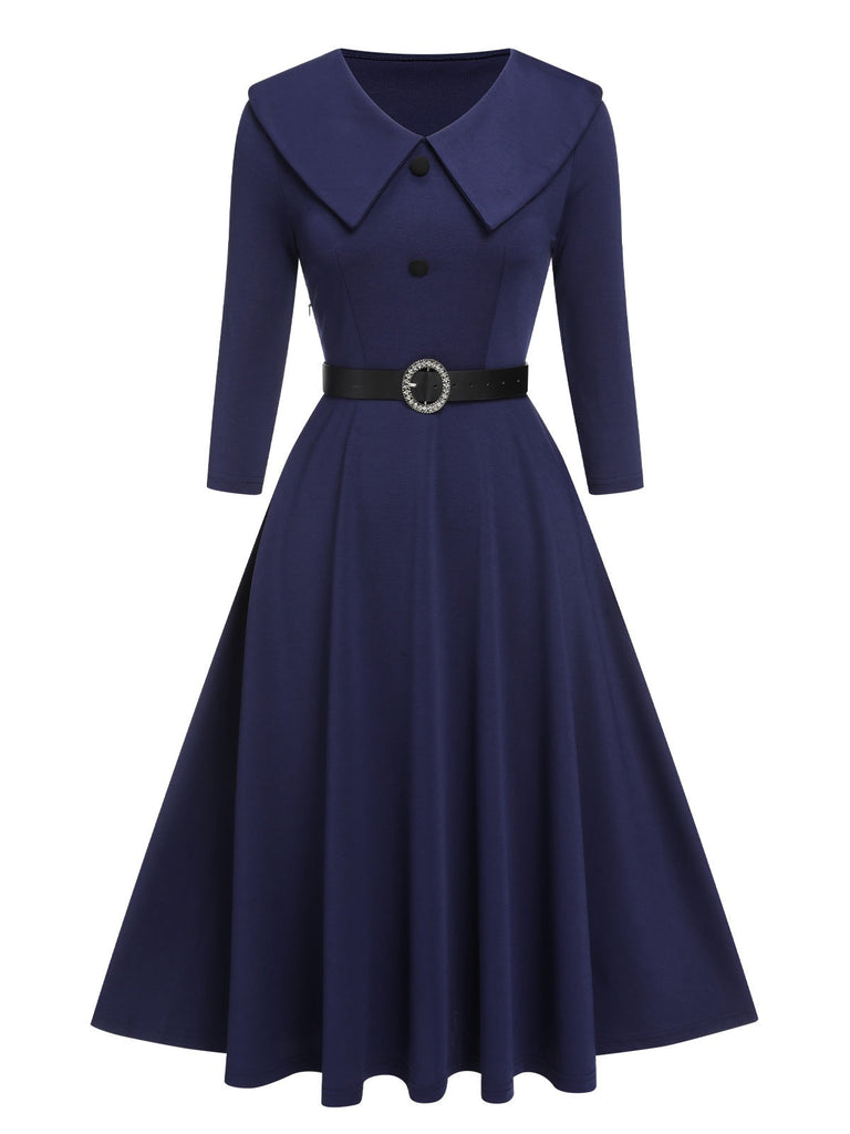 Dunkelblau 1950er Solide Revers Kleid mit Gürtel