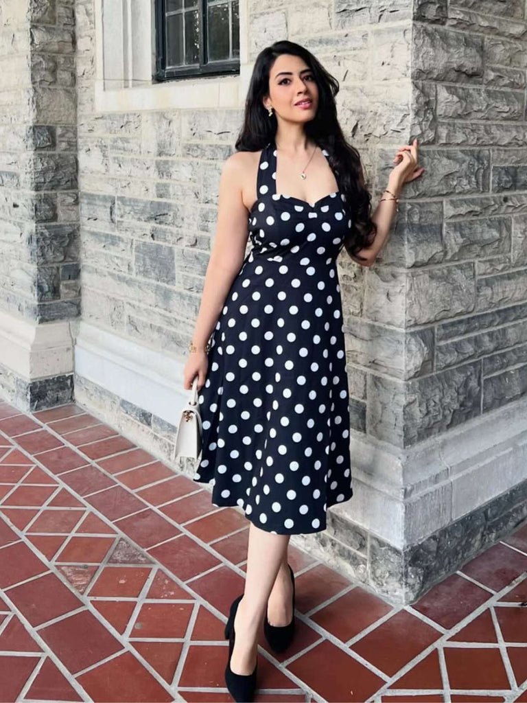 Schwarz 1950er Halter Kontrast Tupfen Gürtel Kleid