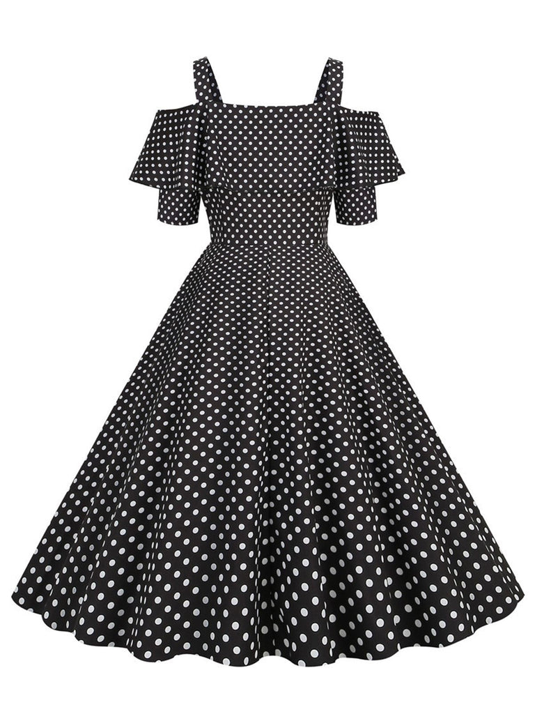 1950er Schulterfreies Polka Dots Kleid