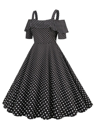 1950er Schulterfreies Polka Dots Kleid