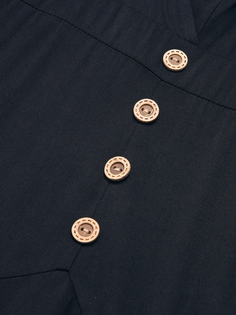 Schwarz 1940er V-Ausschnitt Unregelmäßiger Saum Knopf Kleid