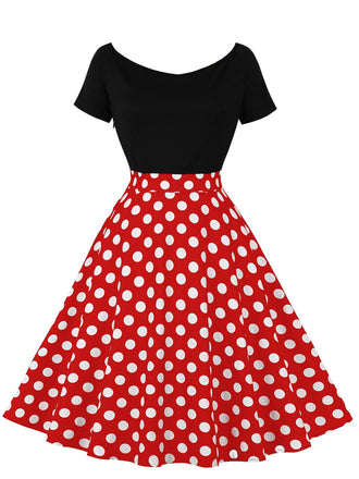 1950er Polka Dots Patchwork Kurze Ärmel Kleid