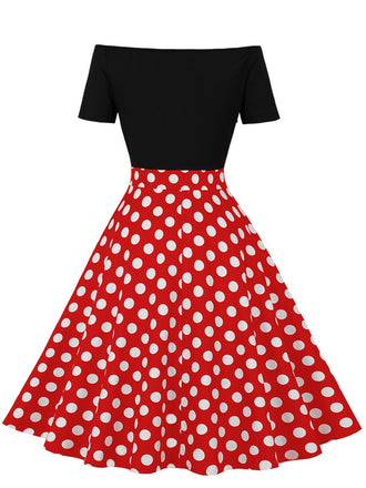 1950er Polka Dots Patchwork Kurze Ärmel Kleid