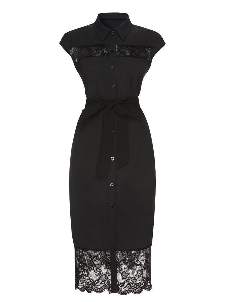 Schwarz 1940er Solide Spitze Hemdkragen Kleid