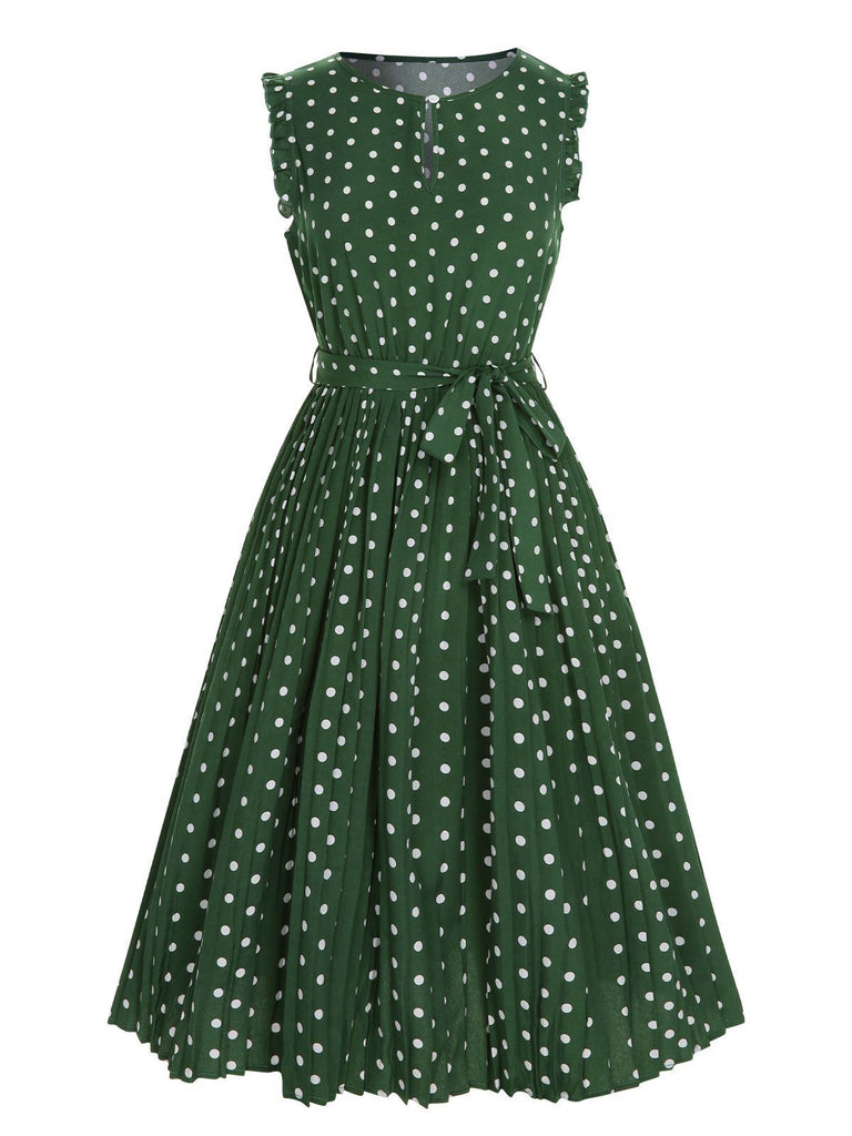 Grün 1940er Polka Dot Kleid mit Schlitz Vorne