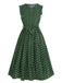 Grün 1940er Polka Dot Kleid mit Schlitz Vorne