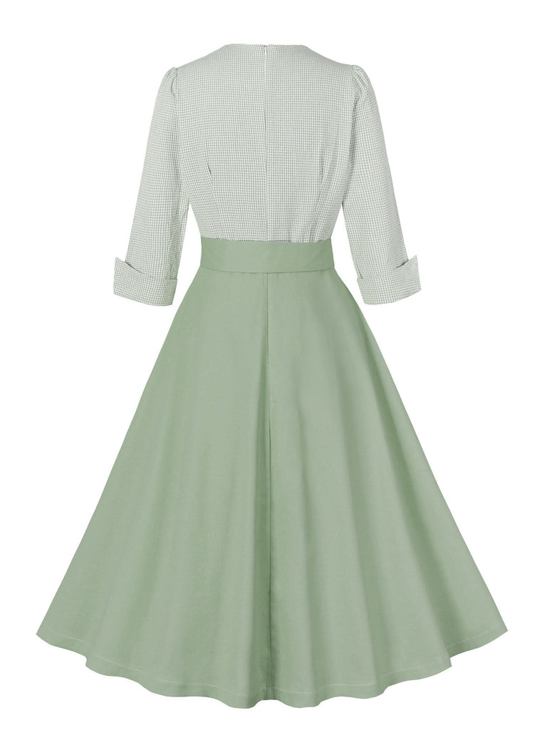 Erbsengrün Grau 1950er Plaid Aufrollen Kleid mit Gürtel