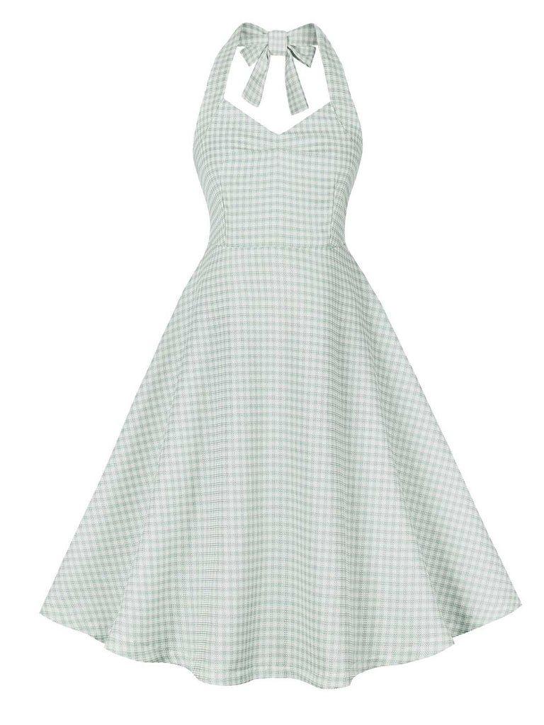 Grün Grau 1950er Halter Plaids Kleid