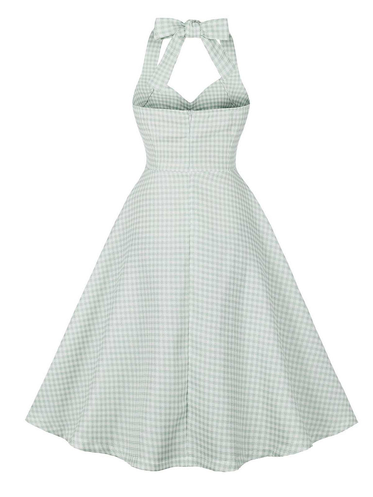 Grün Grau 1950er Halter Plaids Kleid