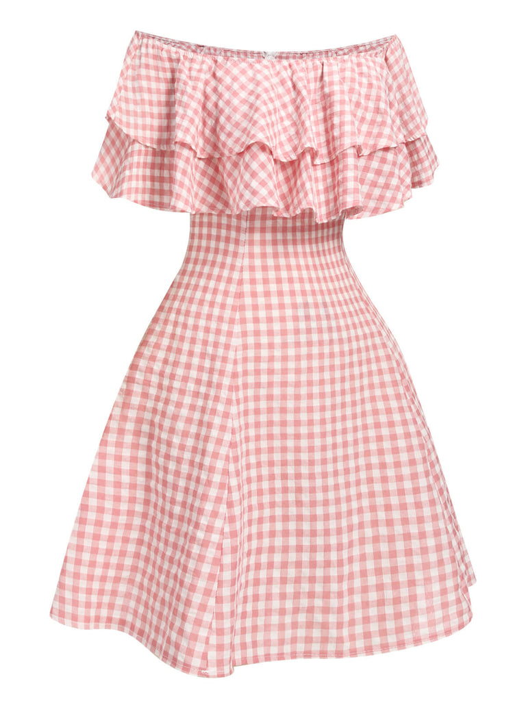 Rosa 1950er Plaid Off-Schulter Kleid