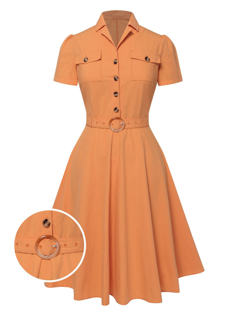 [Vorverkauf] Apricot 1940er Solide Revers Kleid mit Knöpfen