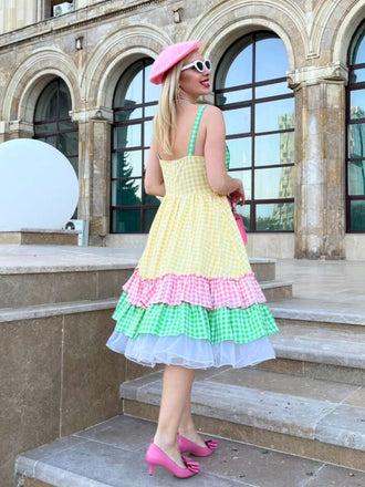 Multicolor 1950er Baumwolle Breit-Träger Plaid Patchwork Kleid