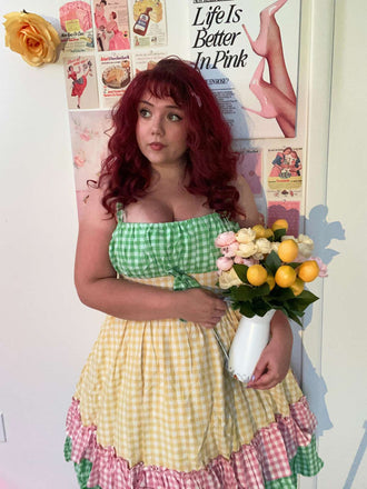 Multicolor 1950er Baumwolle Breit-Träger Plaid Patchwork Kleid