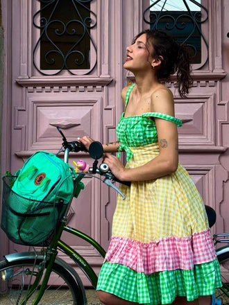 Multicolor 1950er Baumwolle Breit-Träger Plaid Patchwork Kleid