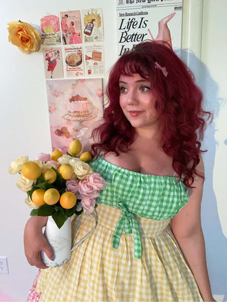 Multicolor 1950er Baumwolle Breit-Träger Plaid Patchwork Kleid