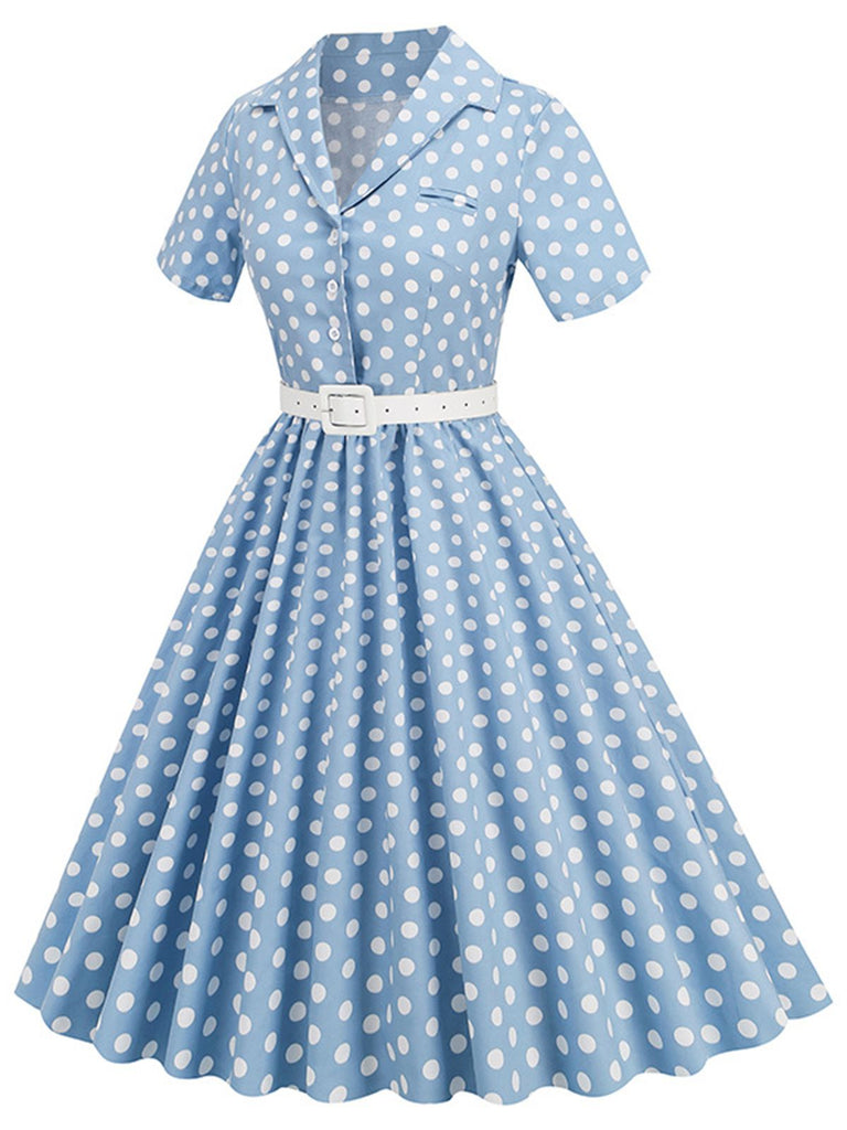 1950er Polka Dots Revers Swing Kleid mit Gürtel