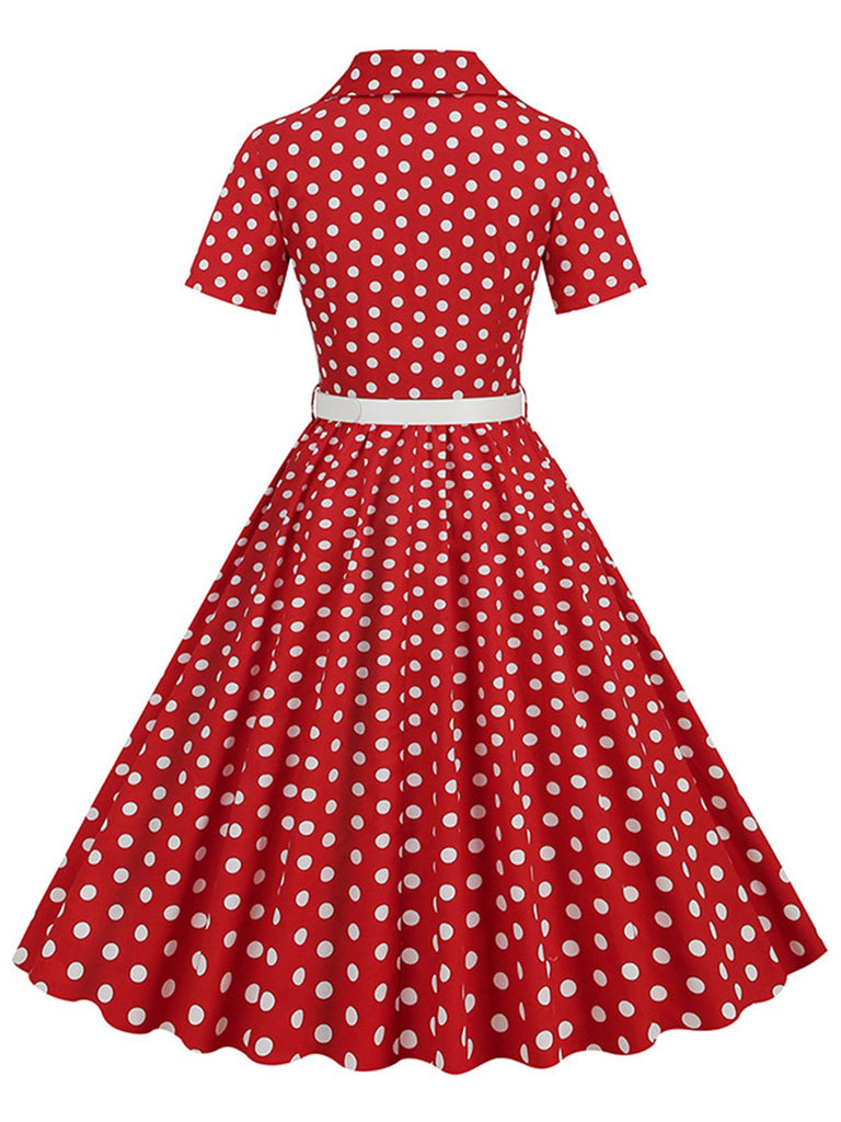 1950er Polka Dots Revers Swing Kleid mit Gürtel