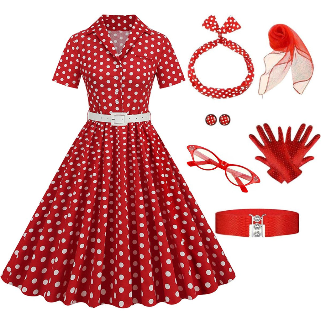 Rot 1950er Polka Dots Revers Gürtel Swing Kleid mit Zubehör-Set