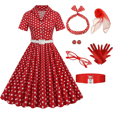 Rot 1950er Polka Dots Revers Gürtel Swing Kleid mit Zubehör-Set