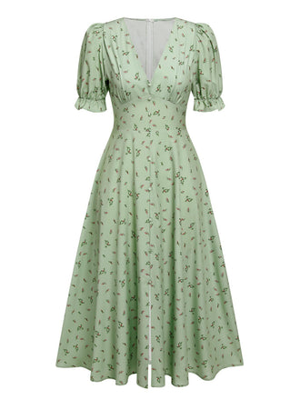 [Vorverkauf] Grün 1940er V-Ausschnitt Blumen Laternenärmels Kleid