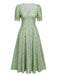 Grün 1940er V-Ausschnitt Blumen Laternenärmels Kleid