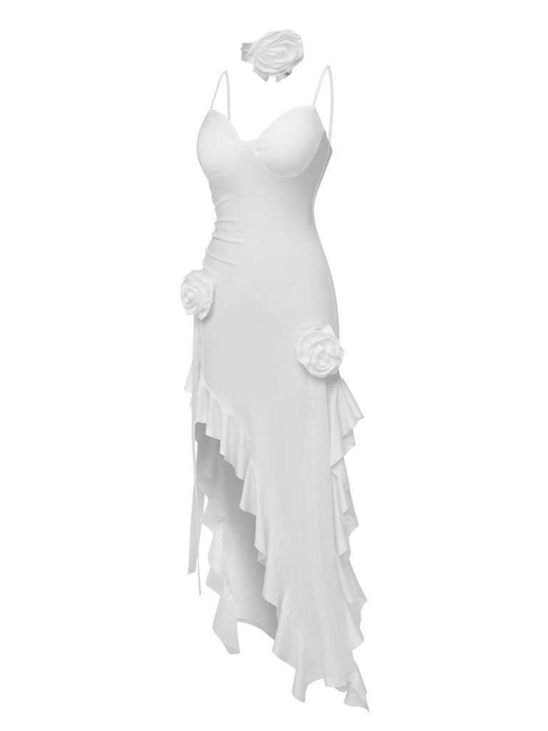 1970er Solide 3D-Rose Rüsche High-Low Saum Kleid